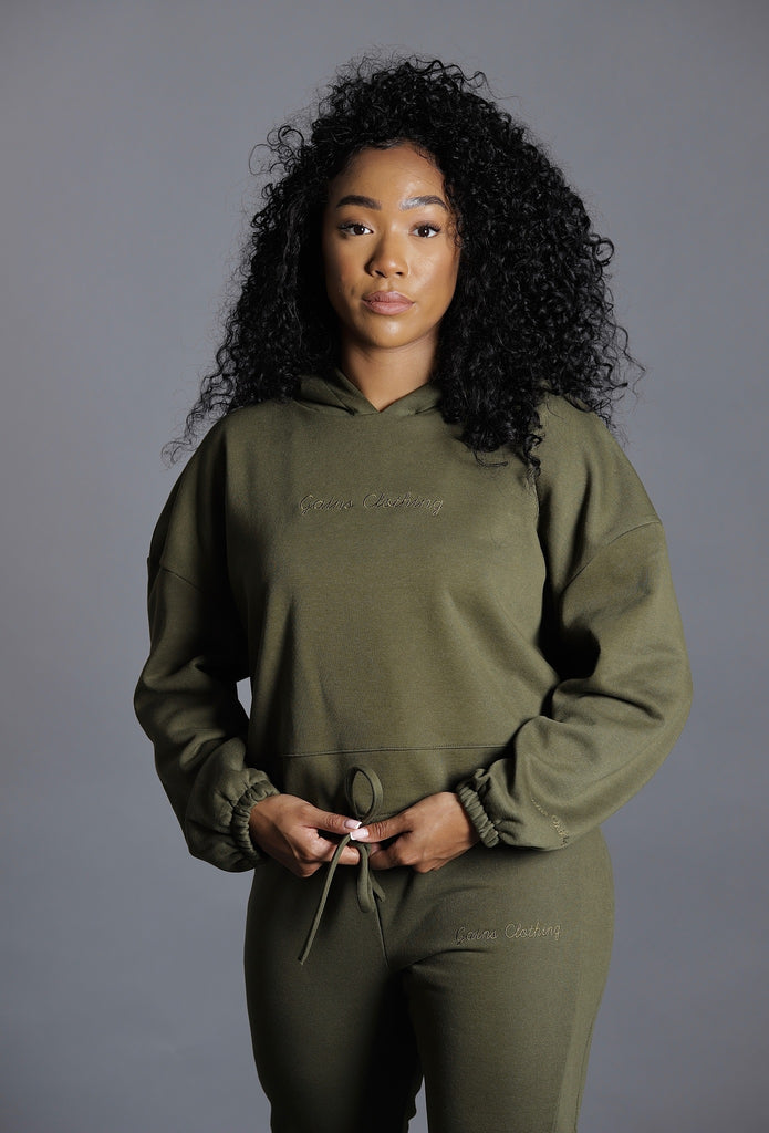 Gains Women's Khaki Active-Lounge Cropped Oversize Hoodie