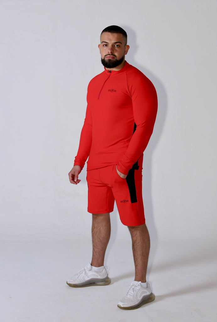 *PRE ORDER* Red with black Slim fitted stretchy long sleeve t-shirt & shorts set